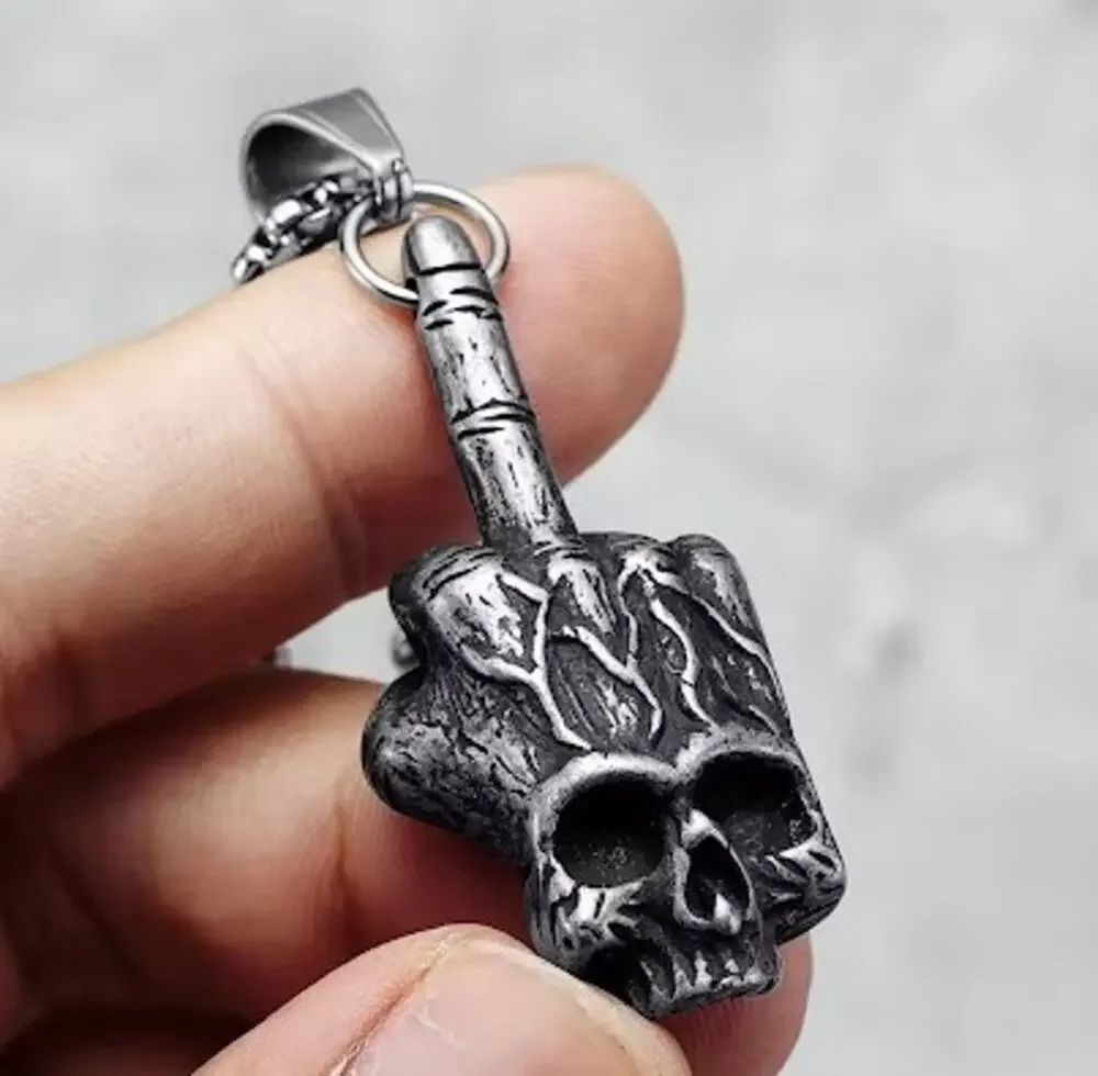 Metal Skull Middle Finger Necklace 60cm Chain Punk Rock Statement Jewelry